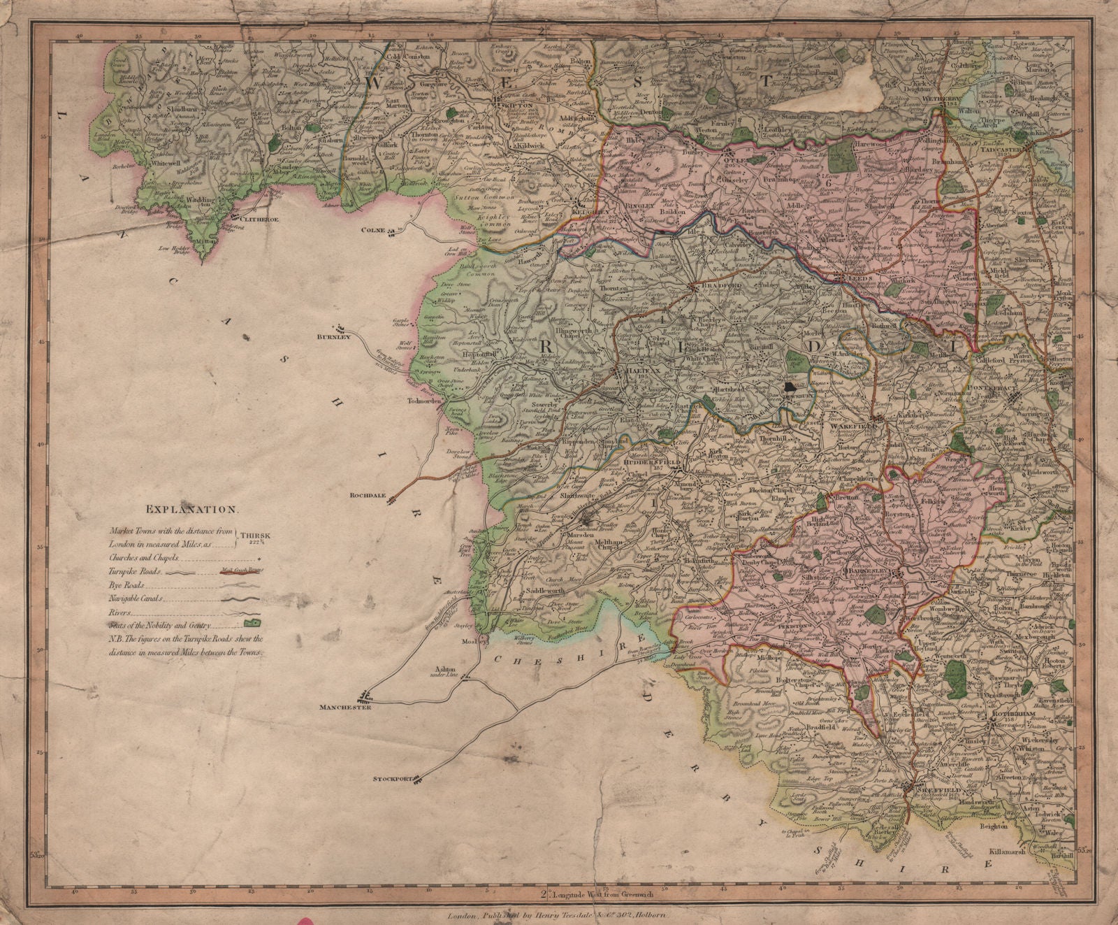 Antique county map of South-west Yorkshire by Henry Teesdale 1831 old